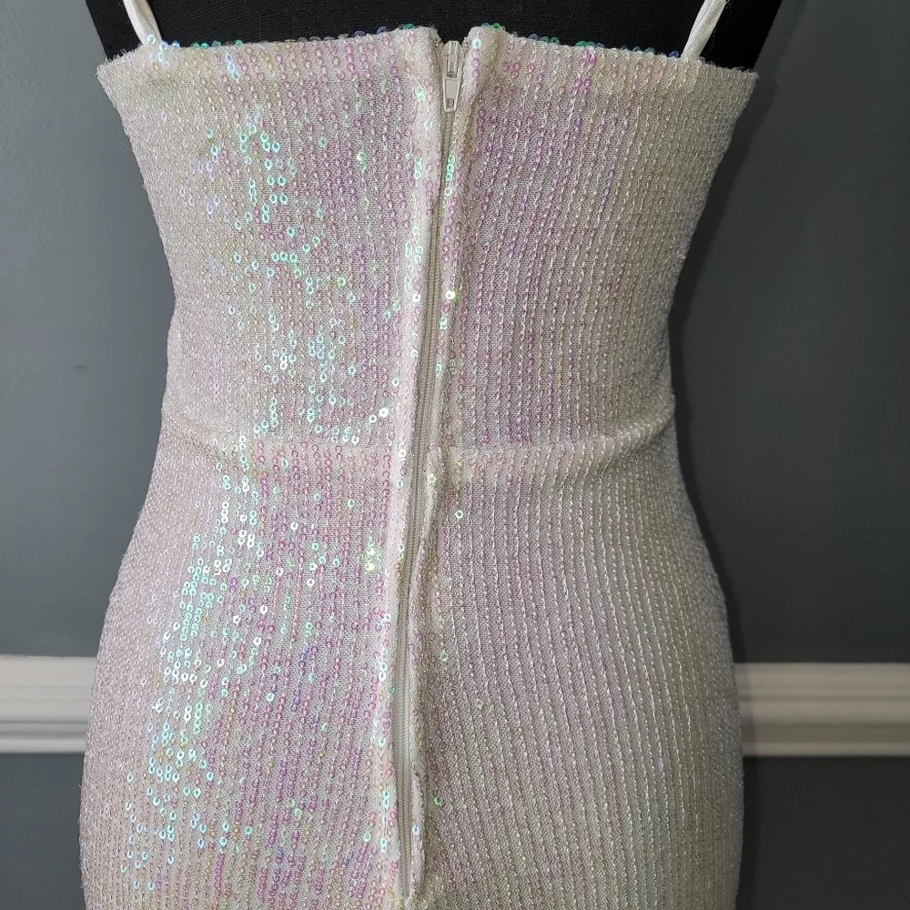 Iridescent White Sequin Spaghetti-Strap Mini Dress